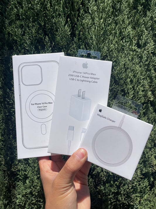 Promoción 11. Funda MagSafe Transparente/Cargador MagSafe/ Cargador 20W